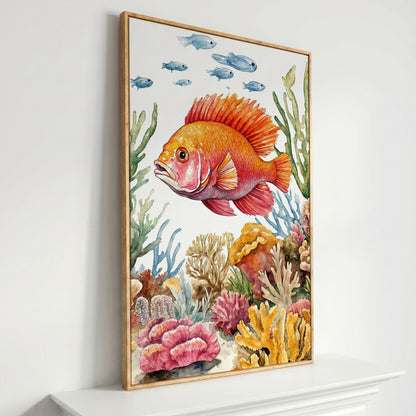 Tropical Fish and Coral Reef Canvas Wall Art in white oak floating frame
