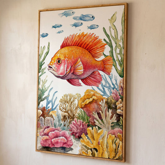 Tropical Fish and Coral Reef Canvas Wall Art shown in white oak floating frame