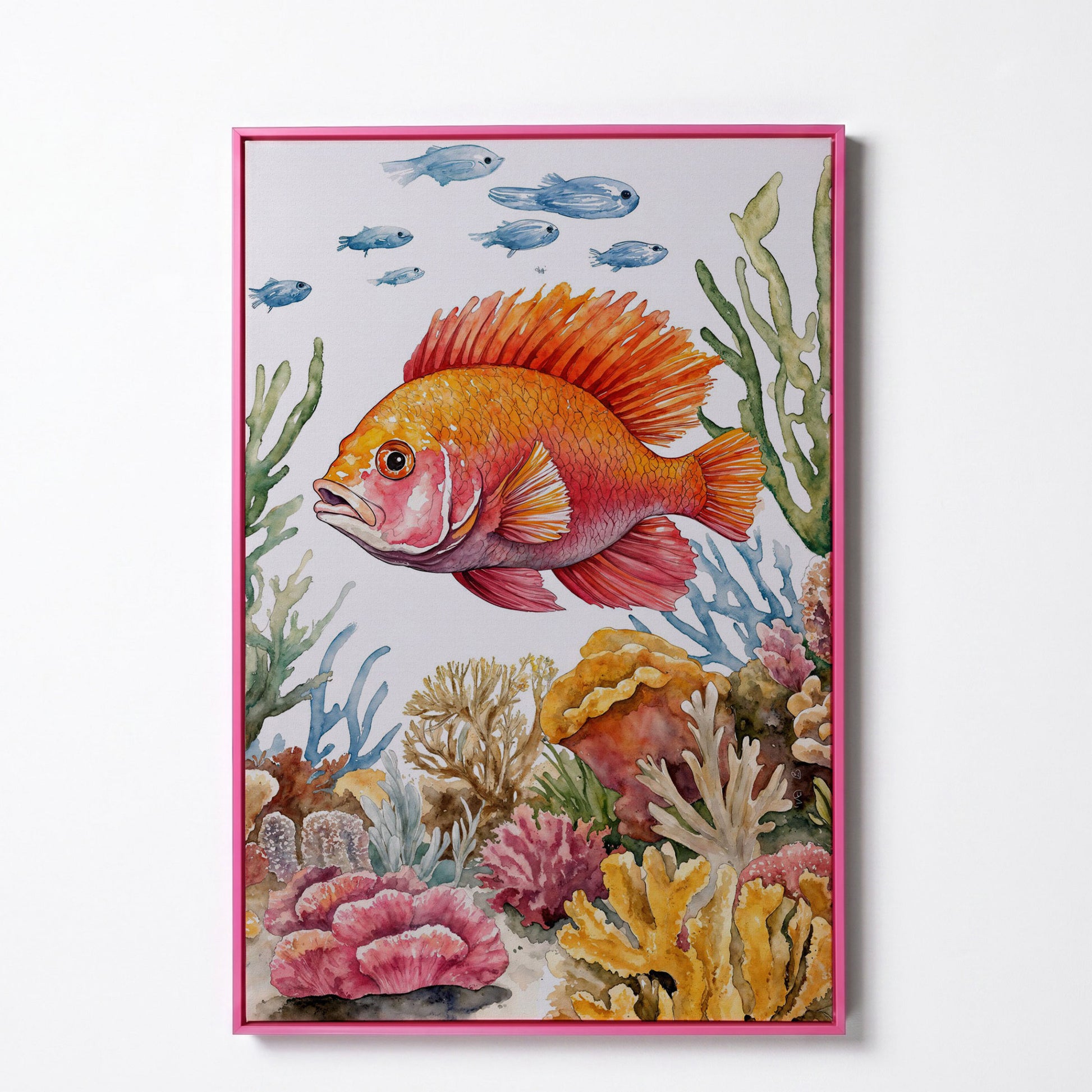 Tropical Fish and Coral Reef Canvas Wall Art in pink floating frame