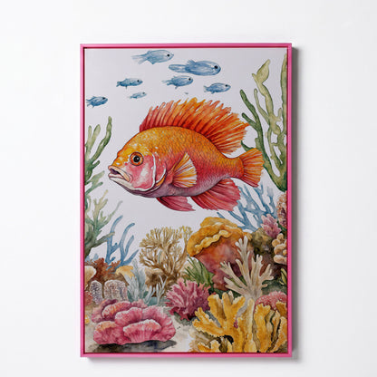 Tropical Fish and Coral Reef Canvas Wall Art in pink floating frame