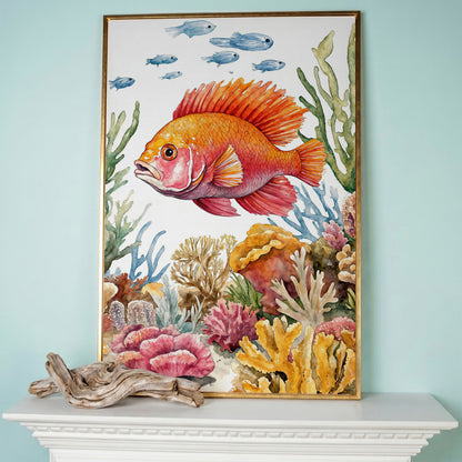 Tropical Fish and Coral Reef Canvas Wall Art in rose gold floating frame