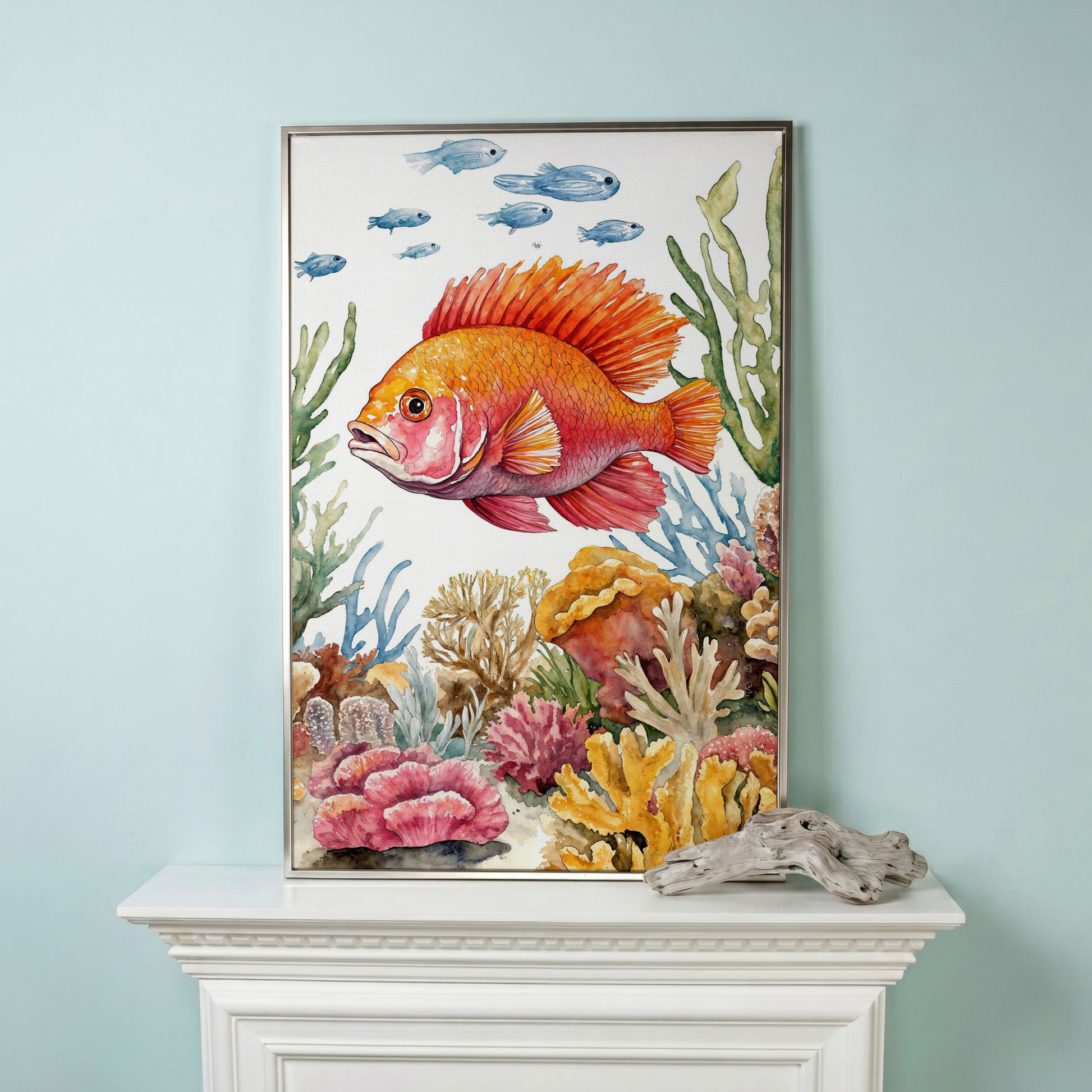 Tropical Fish and Coral Reef Canvas Wall Art in silver floating frame