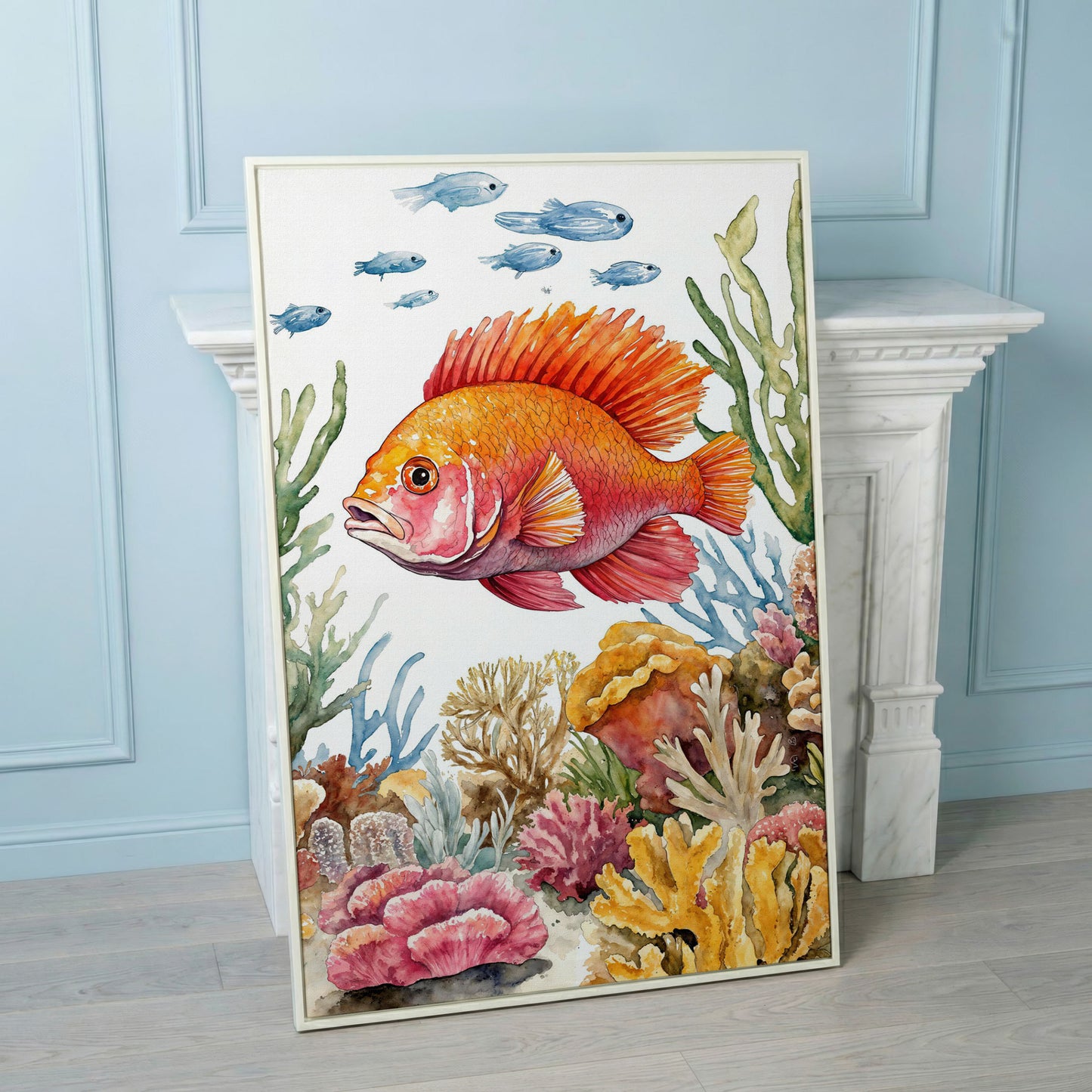 Tropical Fish and Coral Reef Canvas Wall Art in white floating frame