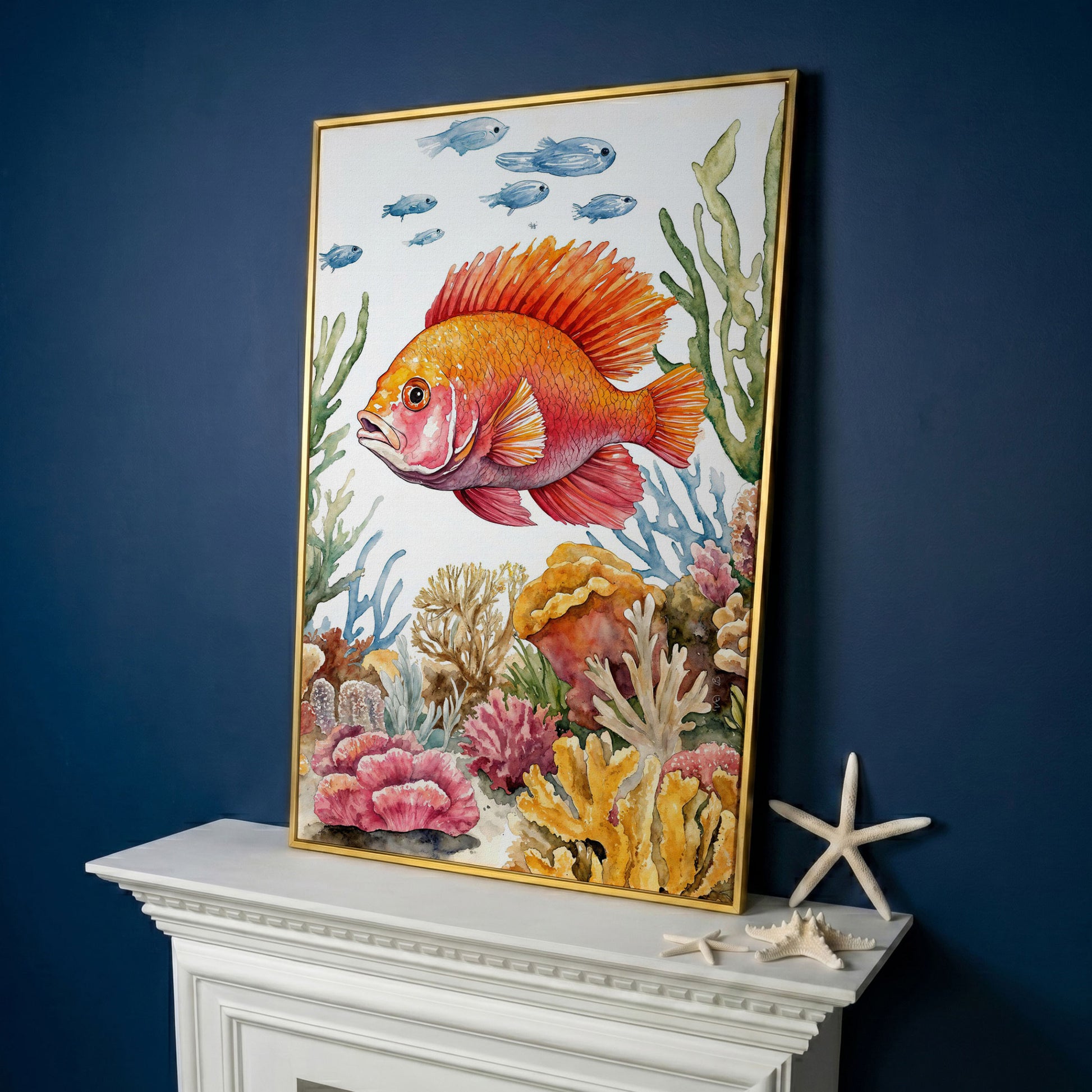 Tropical Fish and Coral Reef Canvas Wall Art in yellow gold floating frame