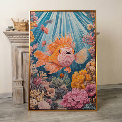 Goldfish Reef Canvas Art: Underwater Scene with Coral and Fish in antique gold floating frame