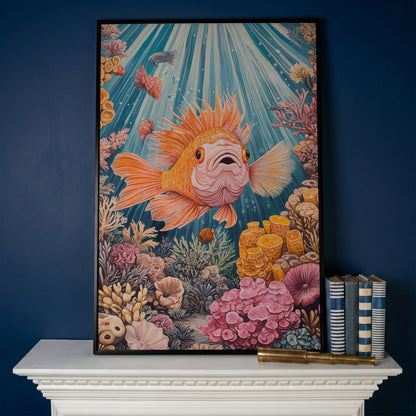 Goldfish Reef Canvas Art: Underwater Scene with Coral and Fish in black floating frame