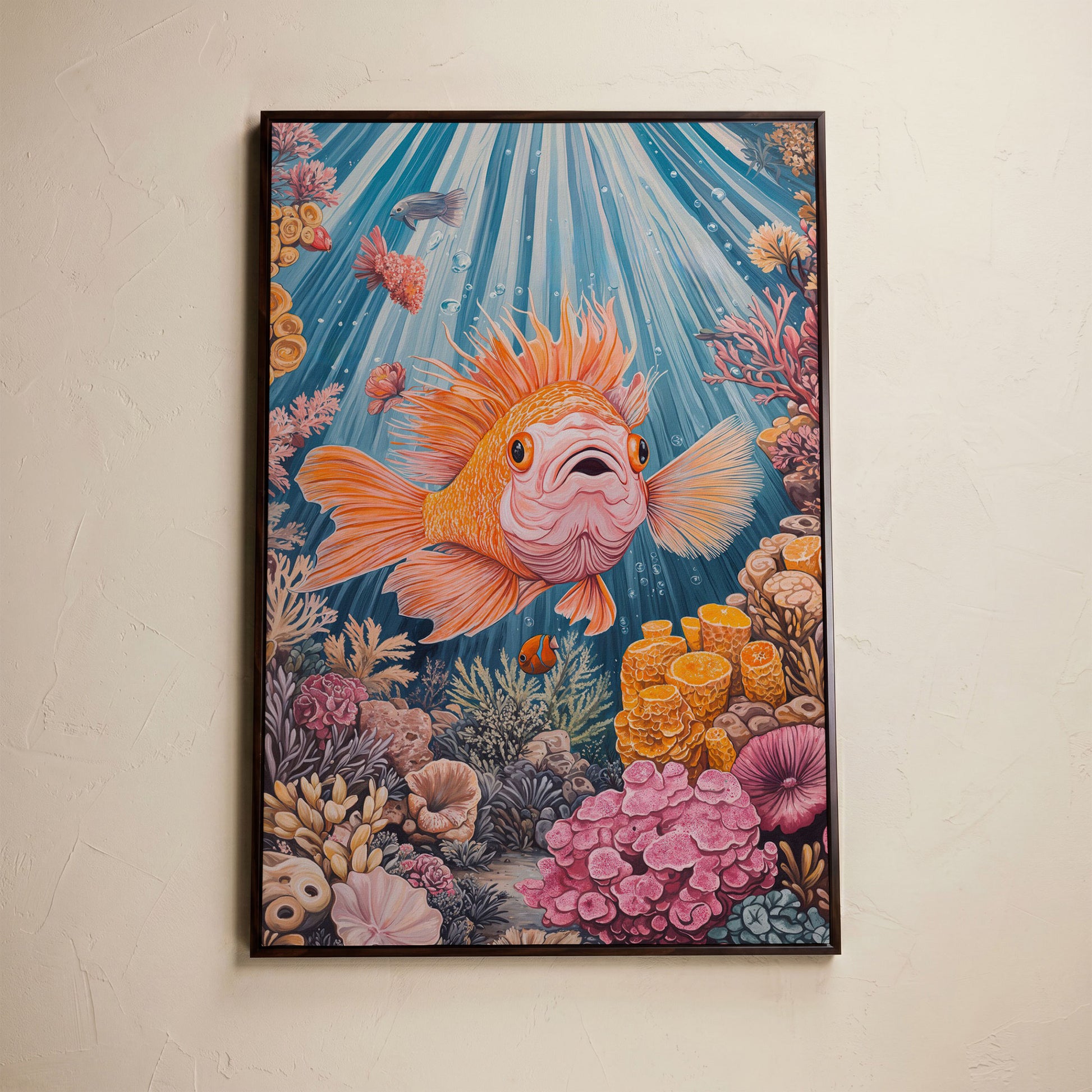 Goldfish Reef Canvas Art: Underwater Scene with Coral and Fish in dark walnut floating frame
