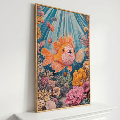 Goldfish Reef Canvas Art: Underwater Scene with Coral and Fish in white oak floating frame