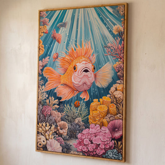Goldfish Reef Canvas Art: Underwater Scene with Coral and Fish shown in white oak floating frame