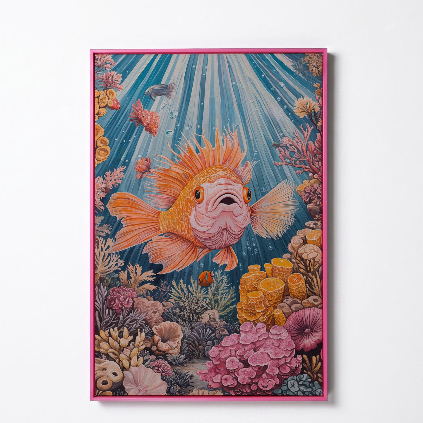Goldfish Reef Canvas Art: Underwater Scene with Coral and Fish in pink floating frame