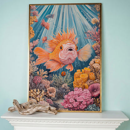 Goldfish Reef Canvas Art: Underwater Scene with Coral and Fish in rose gold floating frame