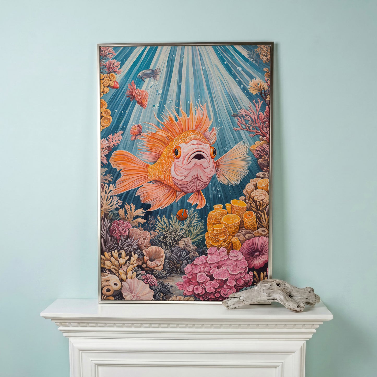 Goldfish Reef Canvas Art: Underwater Scene with Coral and Fish in silver floating frame