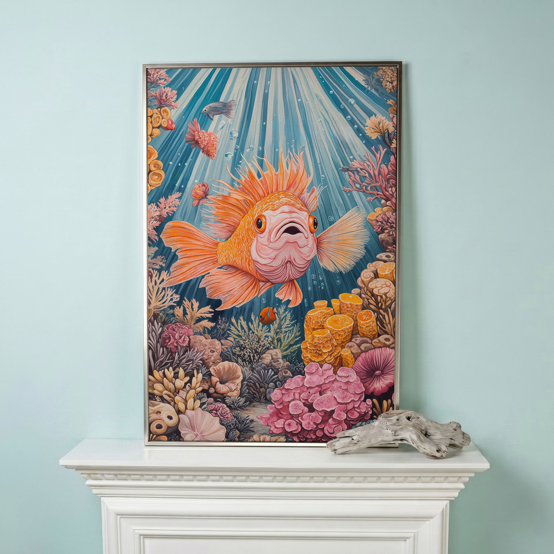 Goldfish Reef Canvas Art: Underwater Scene with Coral and Fish in silver floating frame
