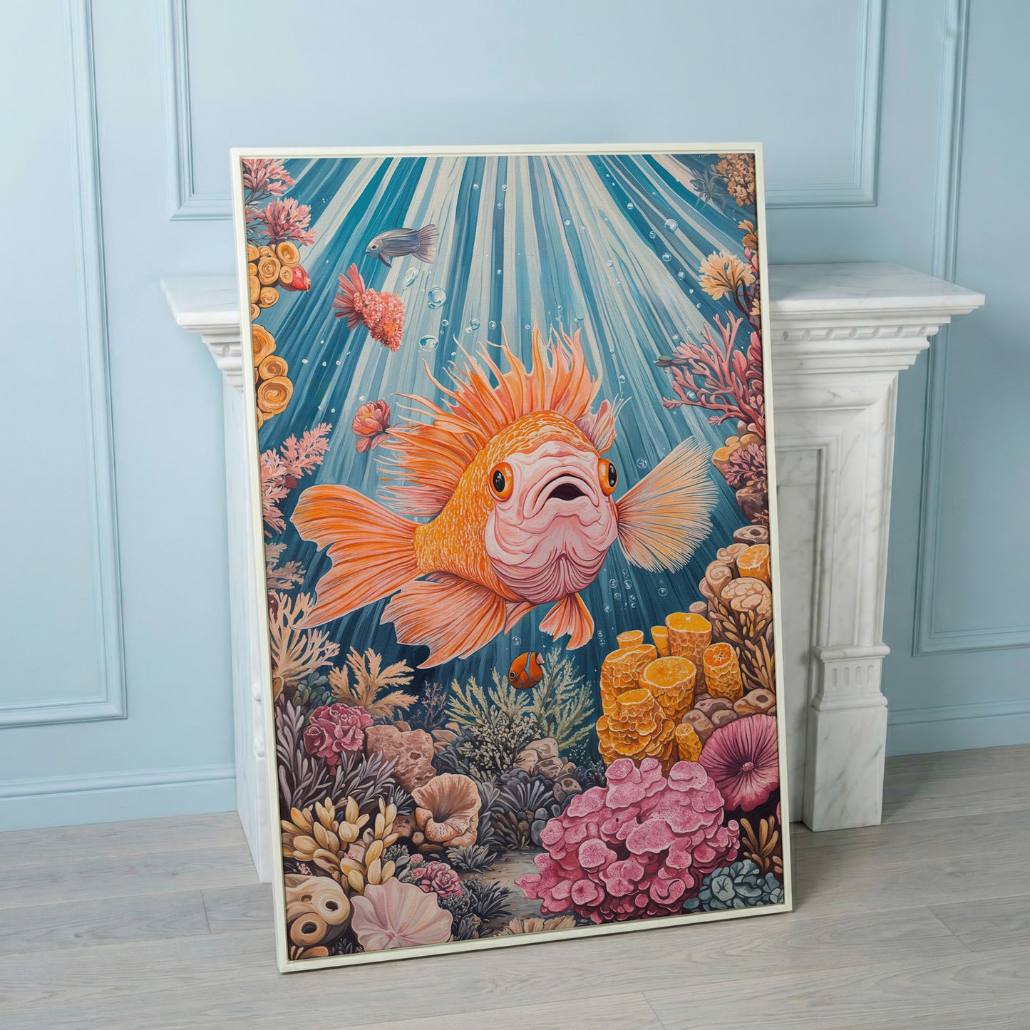 Goldfish Reef Canvas Art: Underwater Scene with Coral and Fish in white floating frame