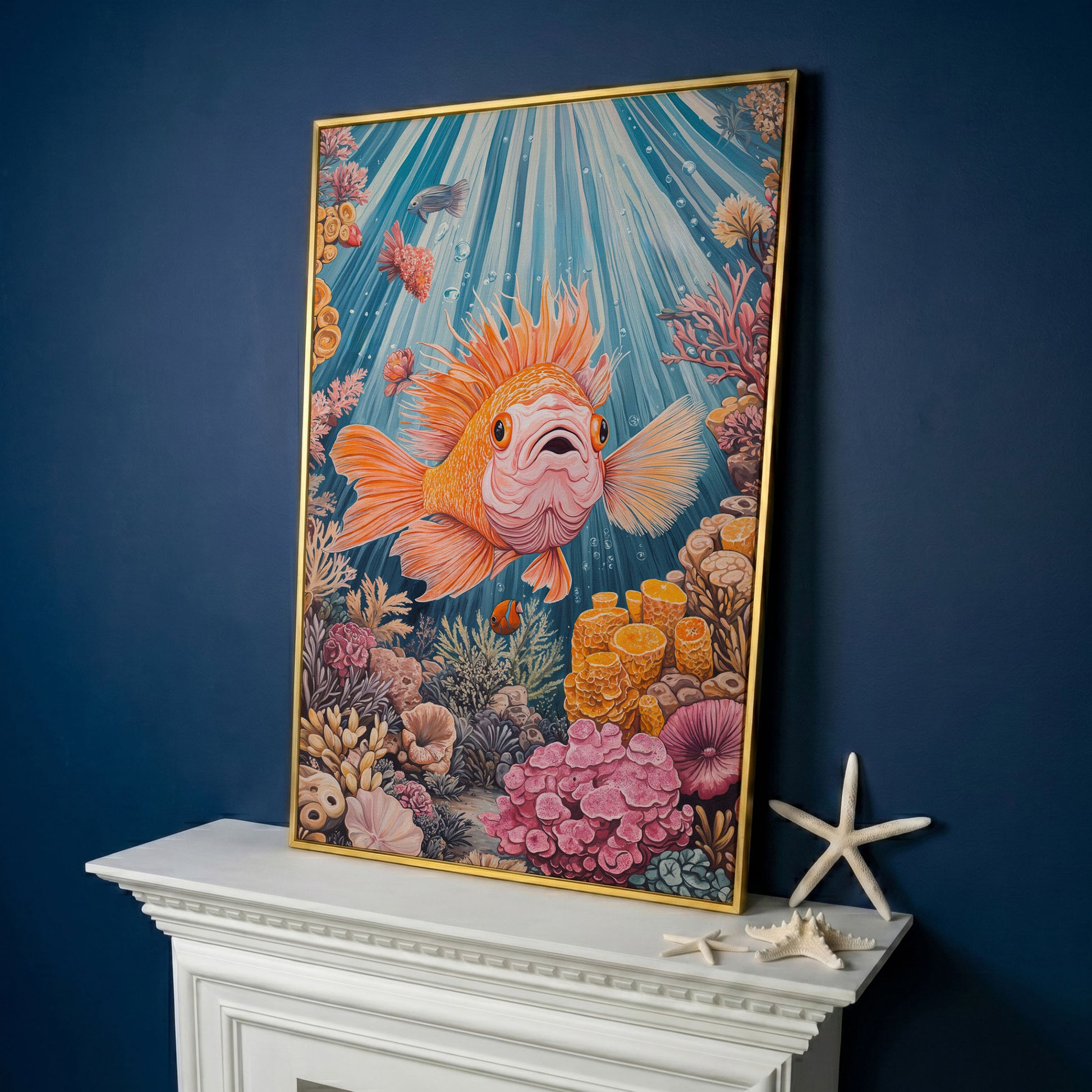 Goldfish Reef Canvas Art: Underwater Scene with Coral and Fish in yellow gold floating frame