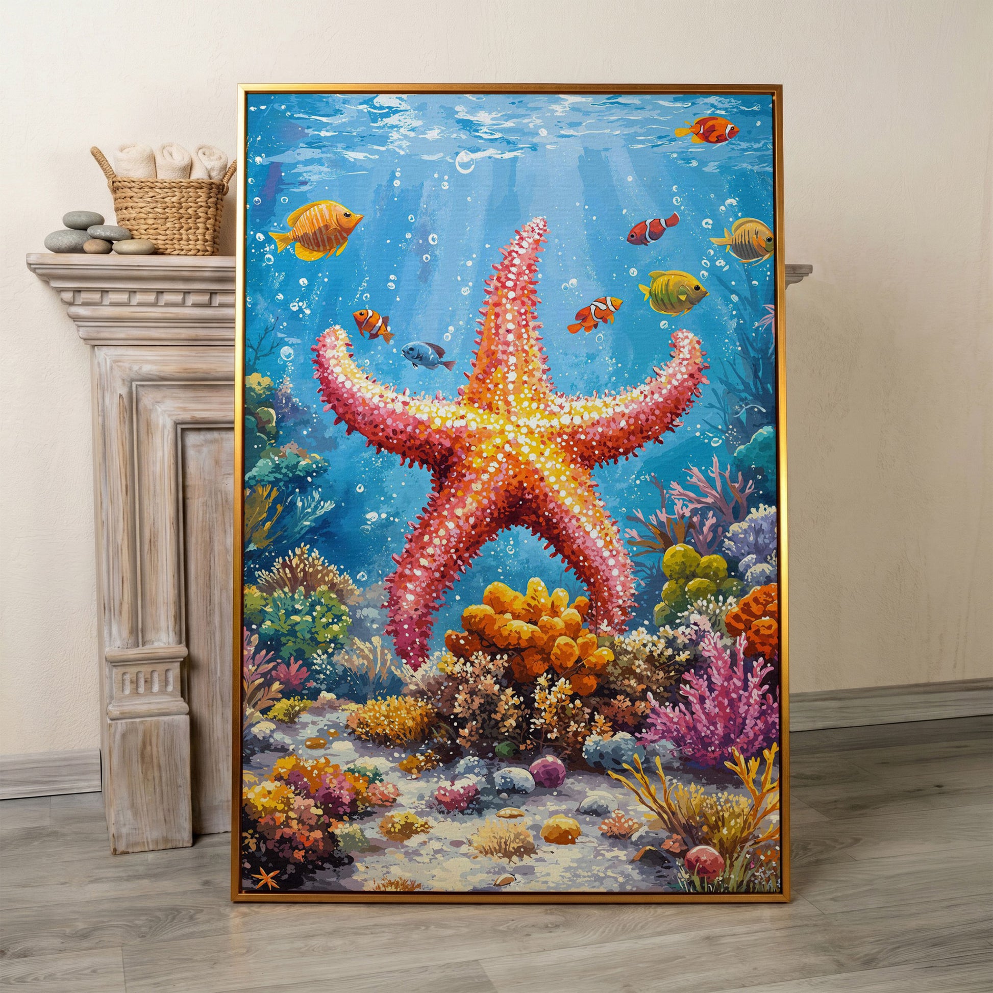 Starfish and Clownfish Underwater Scene Canvas Print in antique gold floating frame