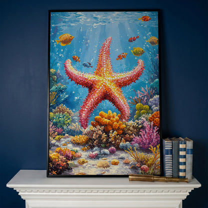 Starfish and Clownfish Underwater Scene Canvas Print in black floating frame