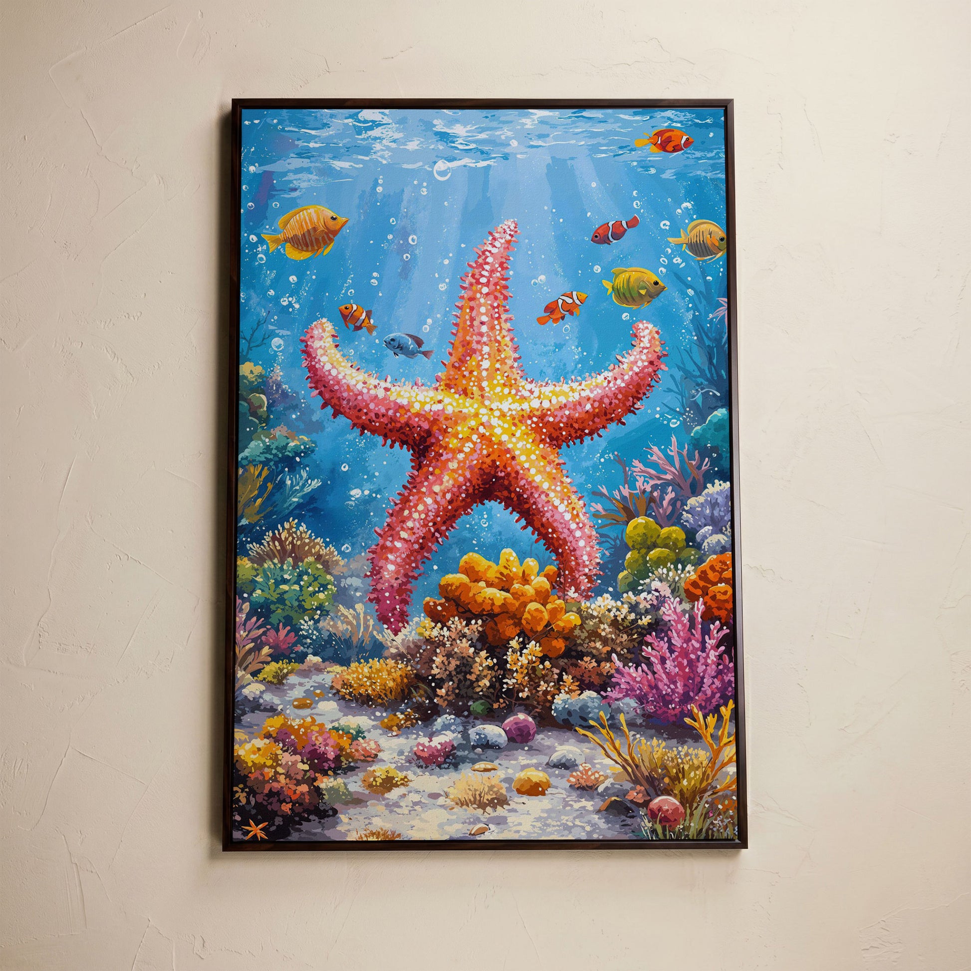 Starfish and Clownfish Underwater Scene Canvas Print in dark walnut floating frame