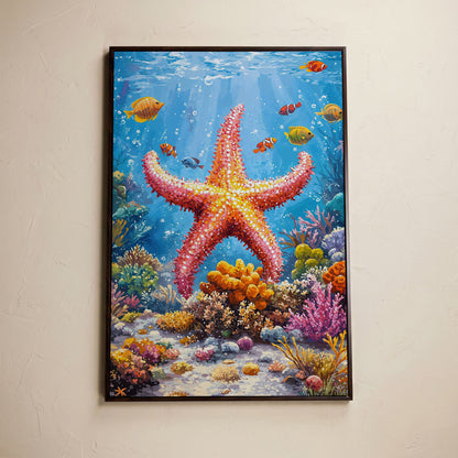 Starfish and Clownfish Underwater Scene Canvas Print in dark walnut floating frame