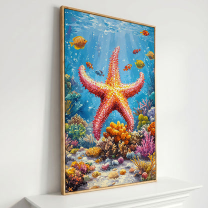 Starfish and Clownfish Underwater Scene Canvas Print in white oak floating frame
