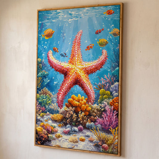 Starfish and Clownfish Underwater Scene Canvas Print shown in white oak floating frame