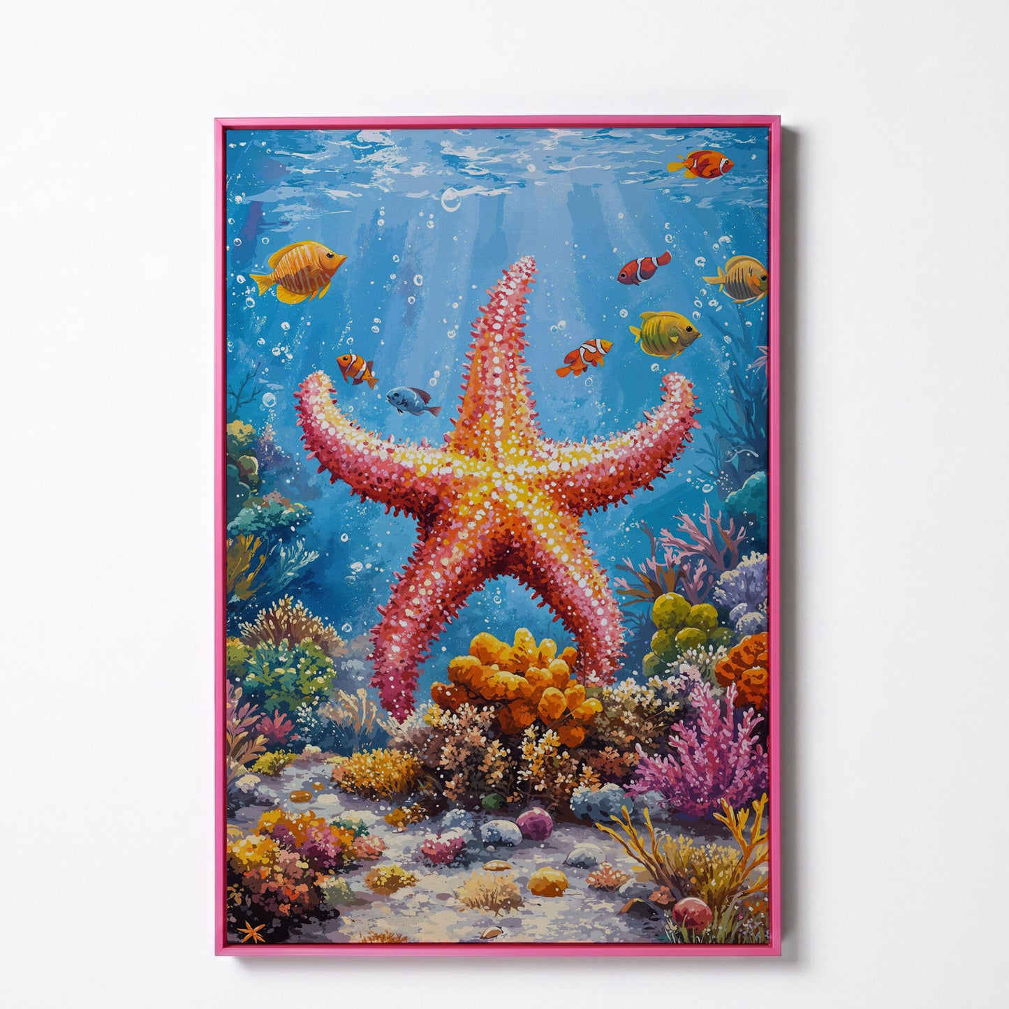 Starfish and Clownfish Underwater Scene Canvas Print in pink floating frame