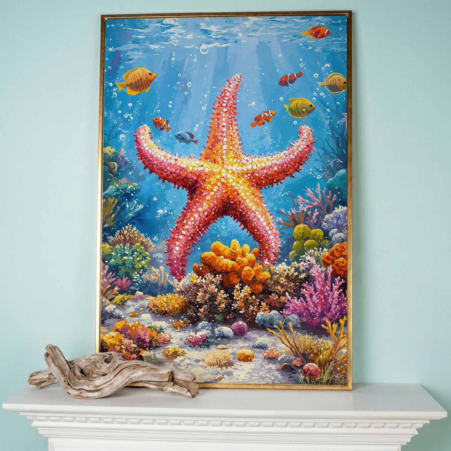 Starfish and Clownfish Underwater Scene Canvas Print in rose gold floating frame