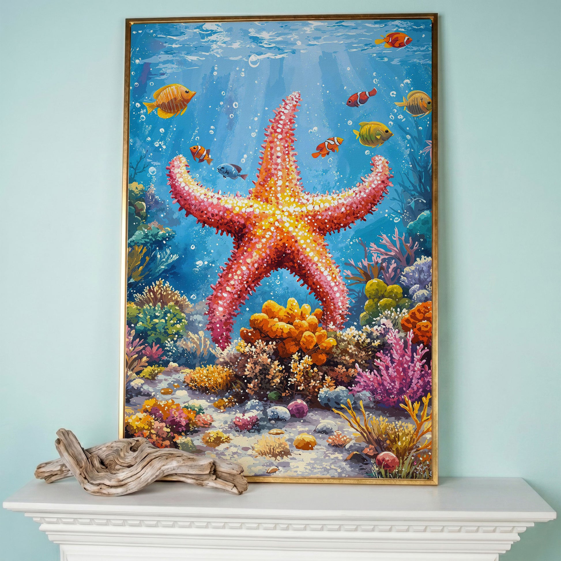 Starfish and Clownfish Underwater Scene Canvas Print in rose gold floating frame