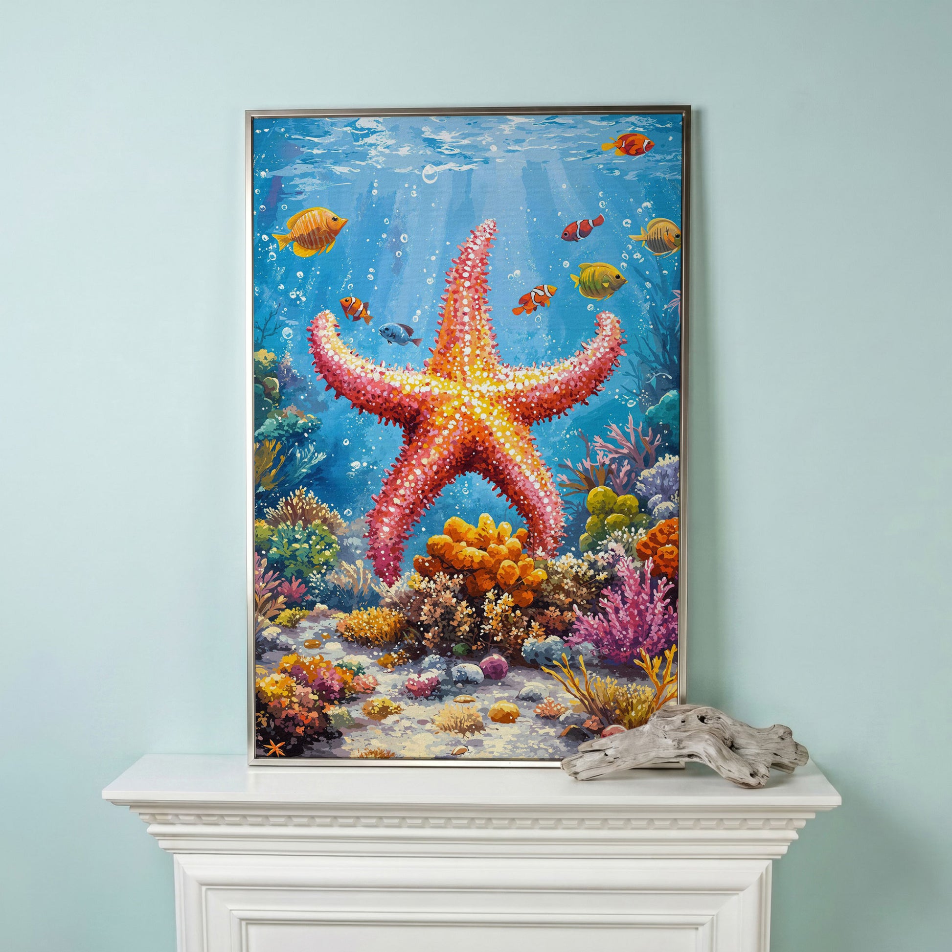 Starfish and Clownfish Underwater Scene Canvas Print in silver floating frame