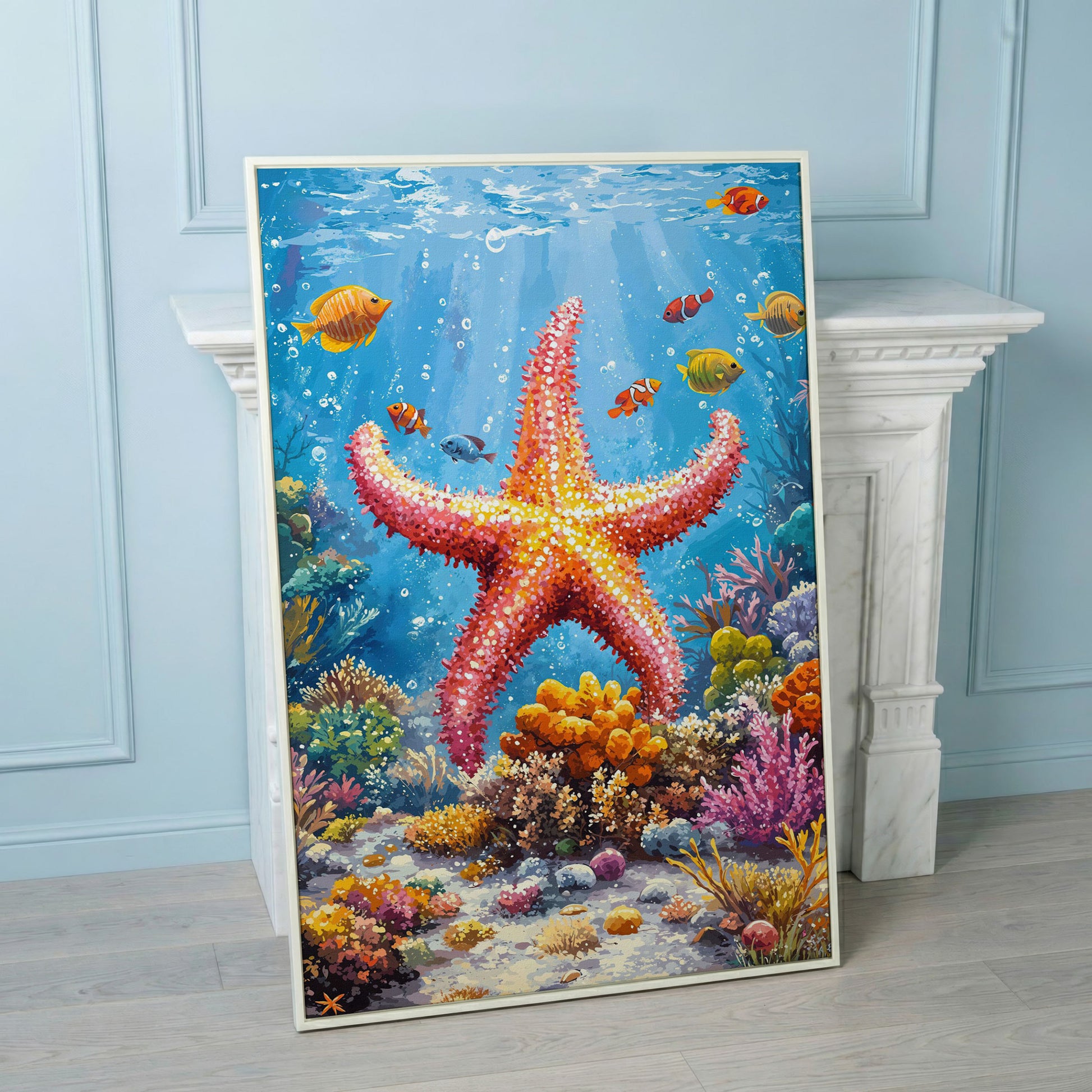 Starfish and Clownfish Underwater Scene Canvas Print in white floating frame