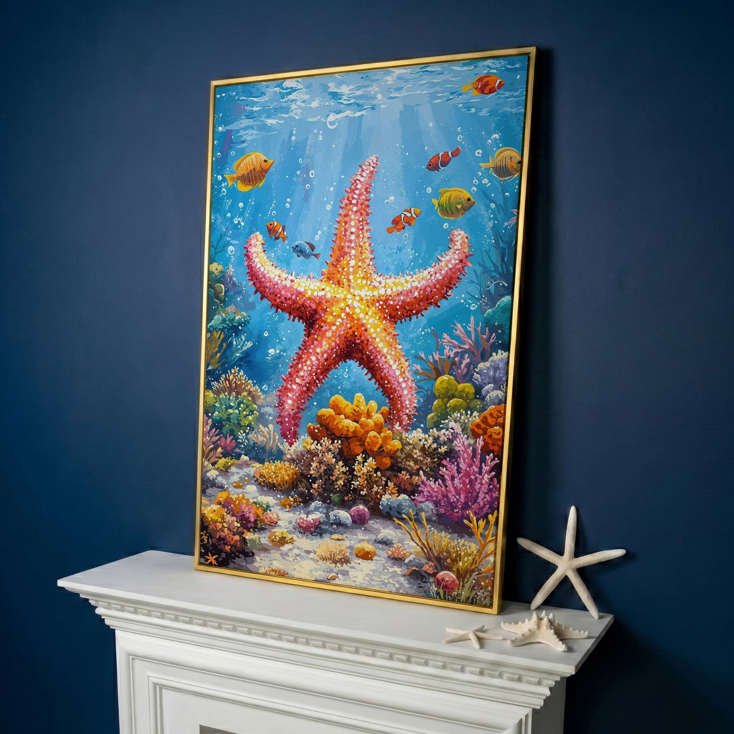 Starfish and Clownfish Underwater Scene Canvas Print in yellow gold floating frame