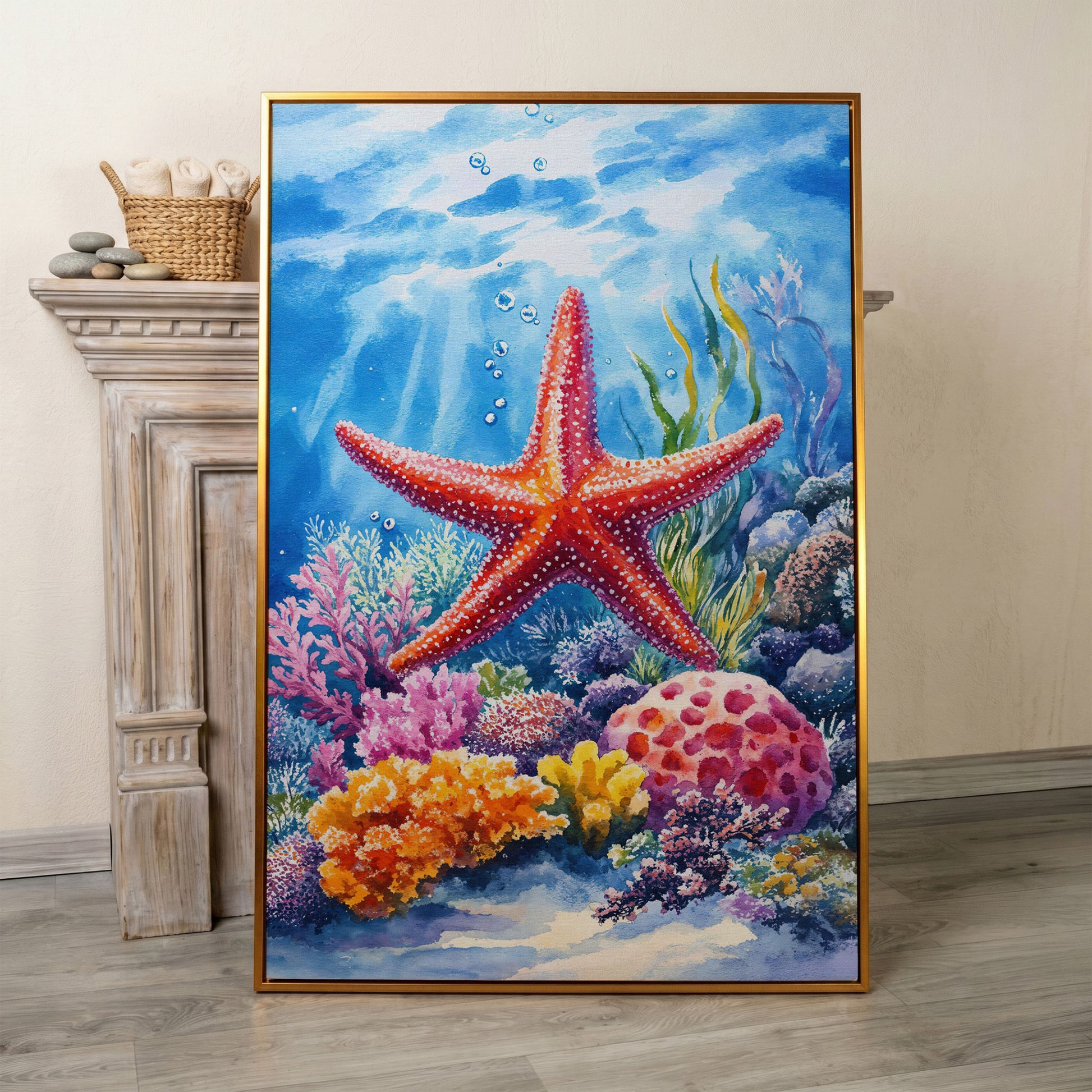 Coral Reef Starfish Canvas Art, Underwater Ocean Scene in antique gold floating frame