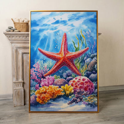 Coral Reef Starfish Canvas Art, Underwater Ocean Scene in antique gold floating frame
