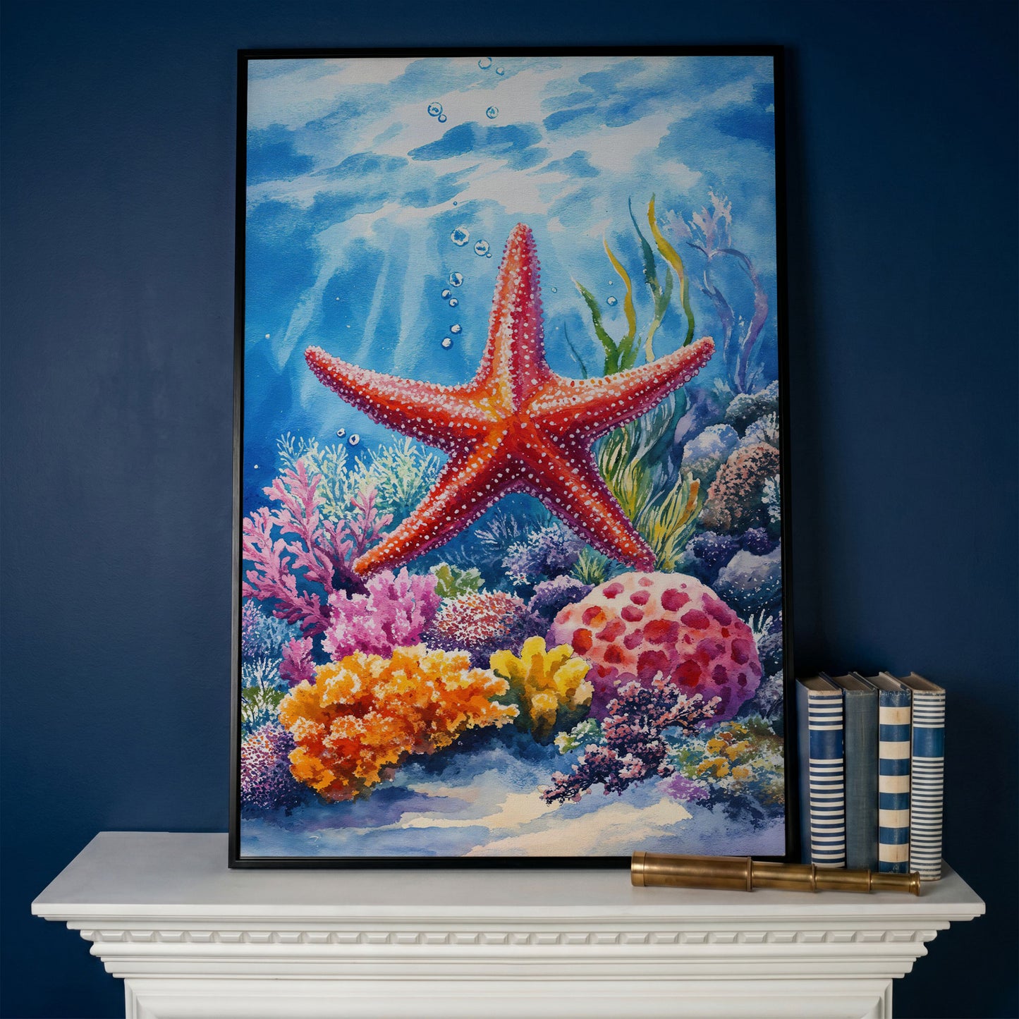 Coral Reef Starfish Canvas Art, Underwater Ocean Scene in black floating frame