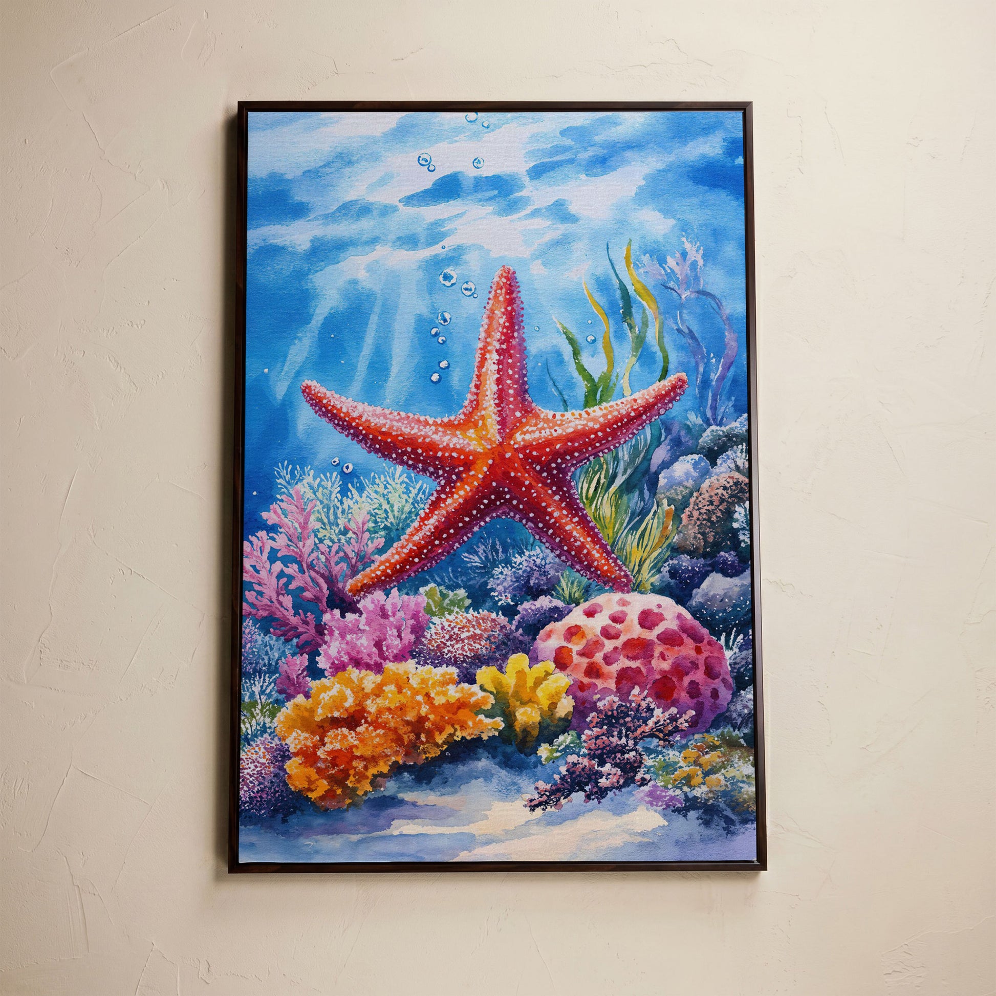 Coral Reef Starfish Canvas Art, Underwater Ocean Scene in dark walnut floating frame