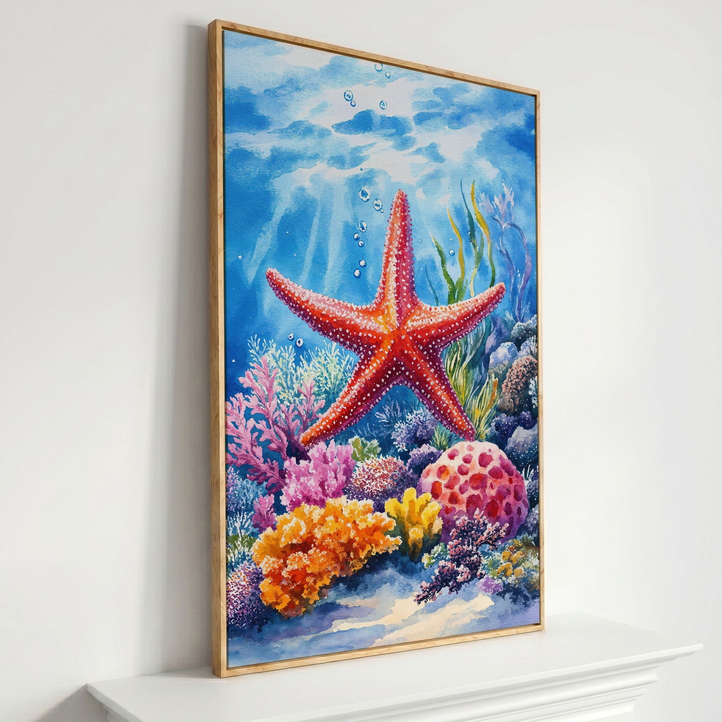 Coral Reef Starfish Canvas Art, Underwater Ocean Scene in white oak floating frame