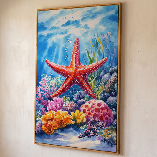 Coral Reef Starfish Canvas Art, Underwater Ocean Scene shown in white oak floating frame