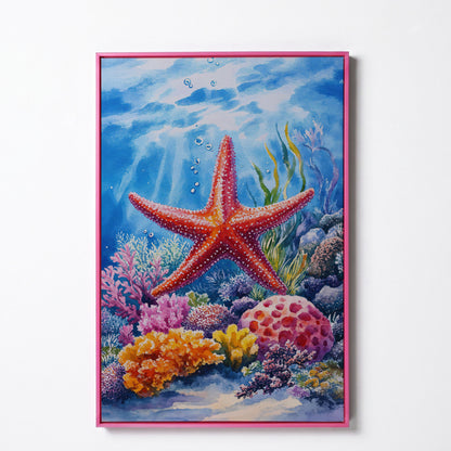 Coral Reef Starfish Canvas Art, Underwater Ocean Scene in pink floating frame