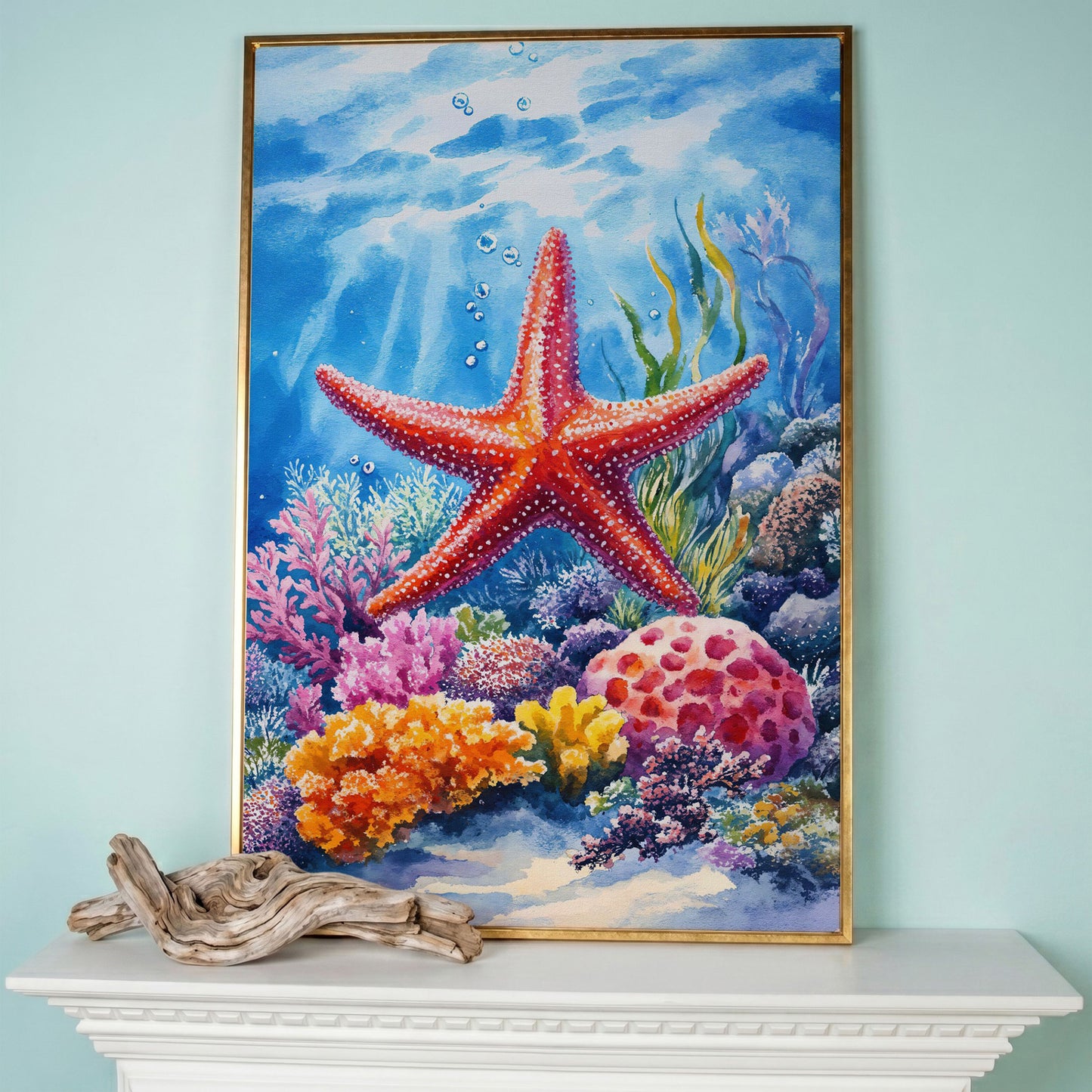 Coral Reef Starfish Canvas Art, Underwater Ocean Scene in rose gold floating frame