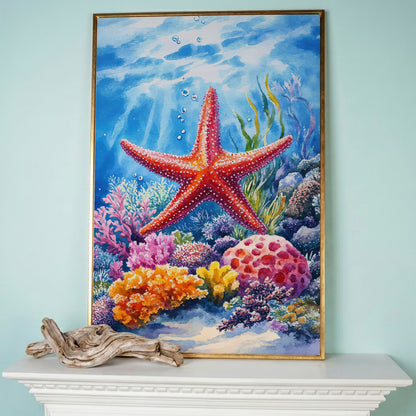 Coral Reef Starfish Canvas Art, Underwater Ocean Scene in rose gold floating frame