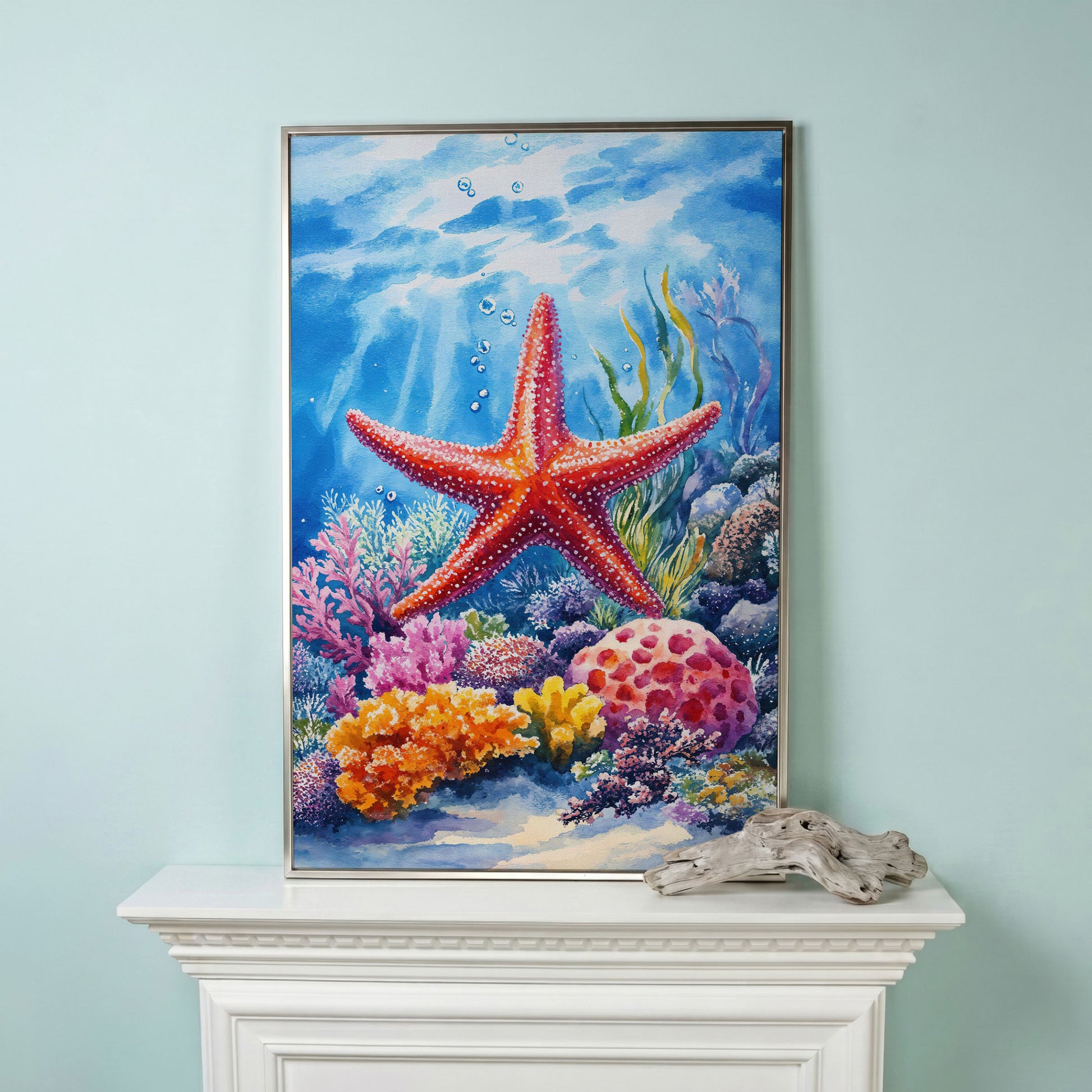 Coral Reef Starfish Canvas Art, Underwater Ocean Scene in silver floating frame