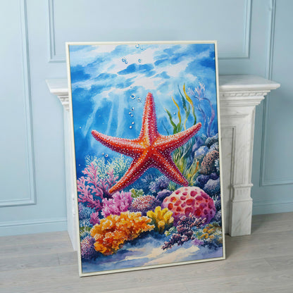 Coral Reef Starfish Canvas Art, Underwater Ocean Scene in white floating frame