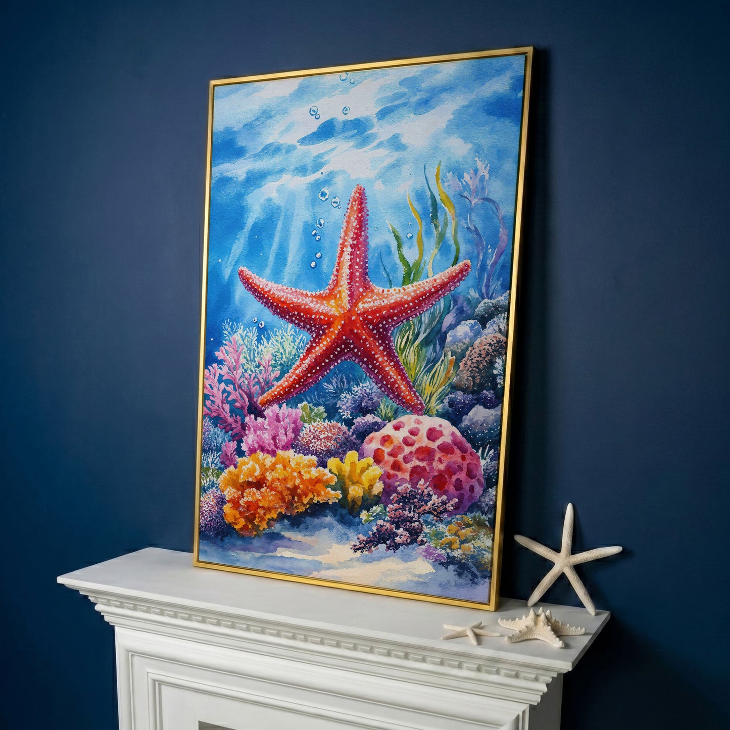 Coral Reef Starfish Canvas Art, Underwater Ocean Scene in yellow gold floating frame