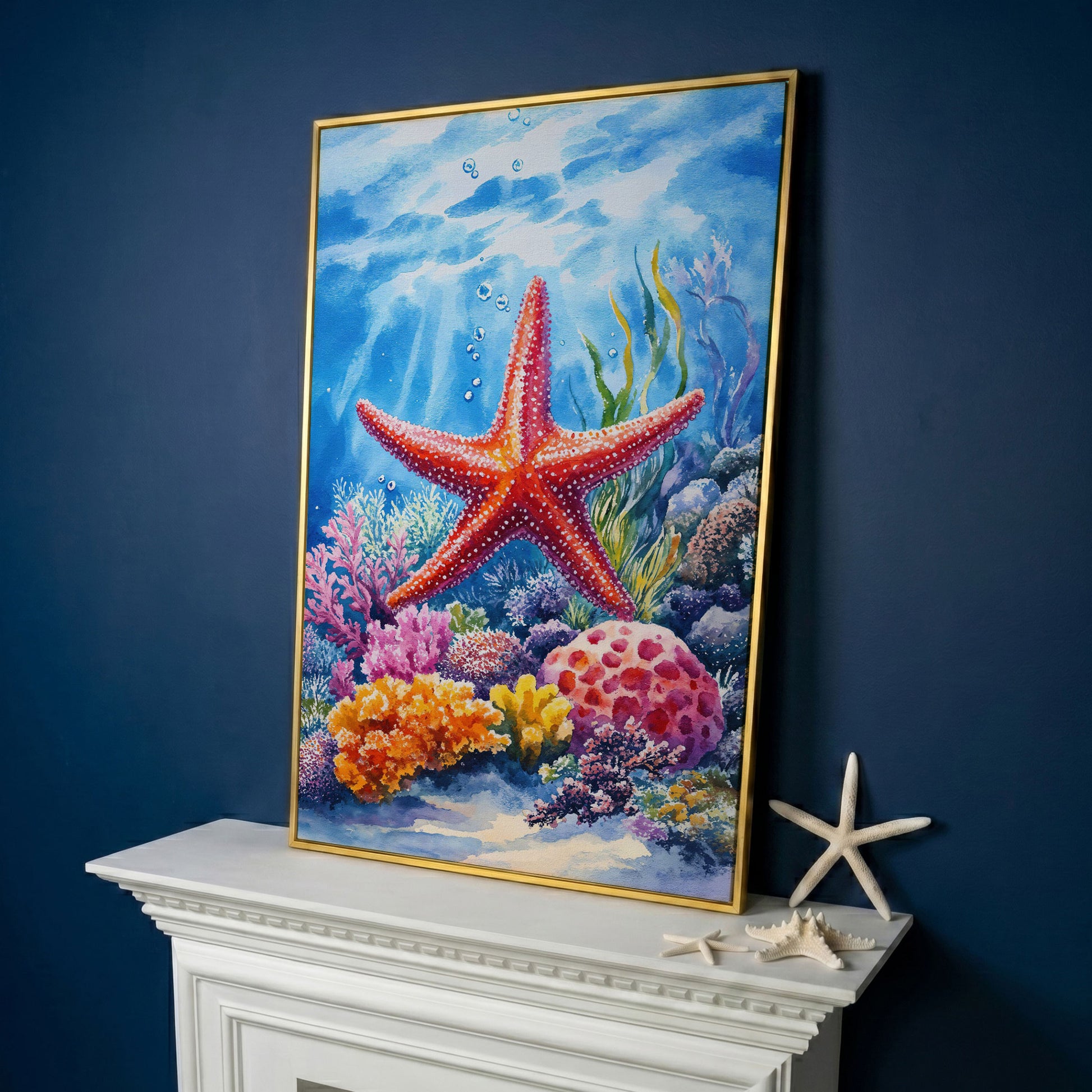 Coral Reef Starfish Canvas Art, Underwater Ocean Scene in yellow gold floating frame