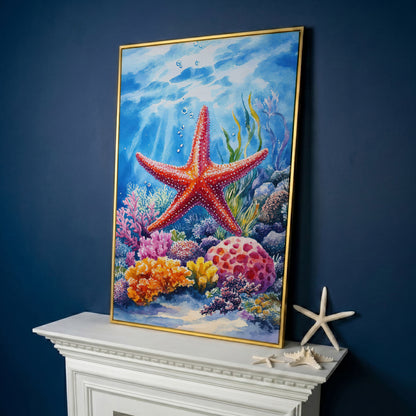Coral Reef Starfish Canvas Art, Underwater Ocean Scene in yellow gold floating frame
