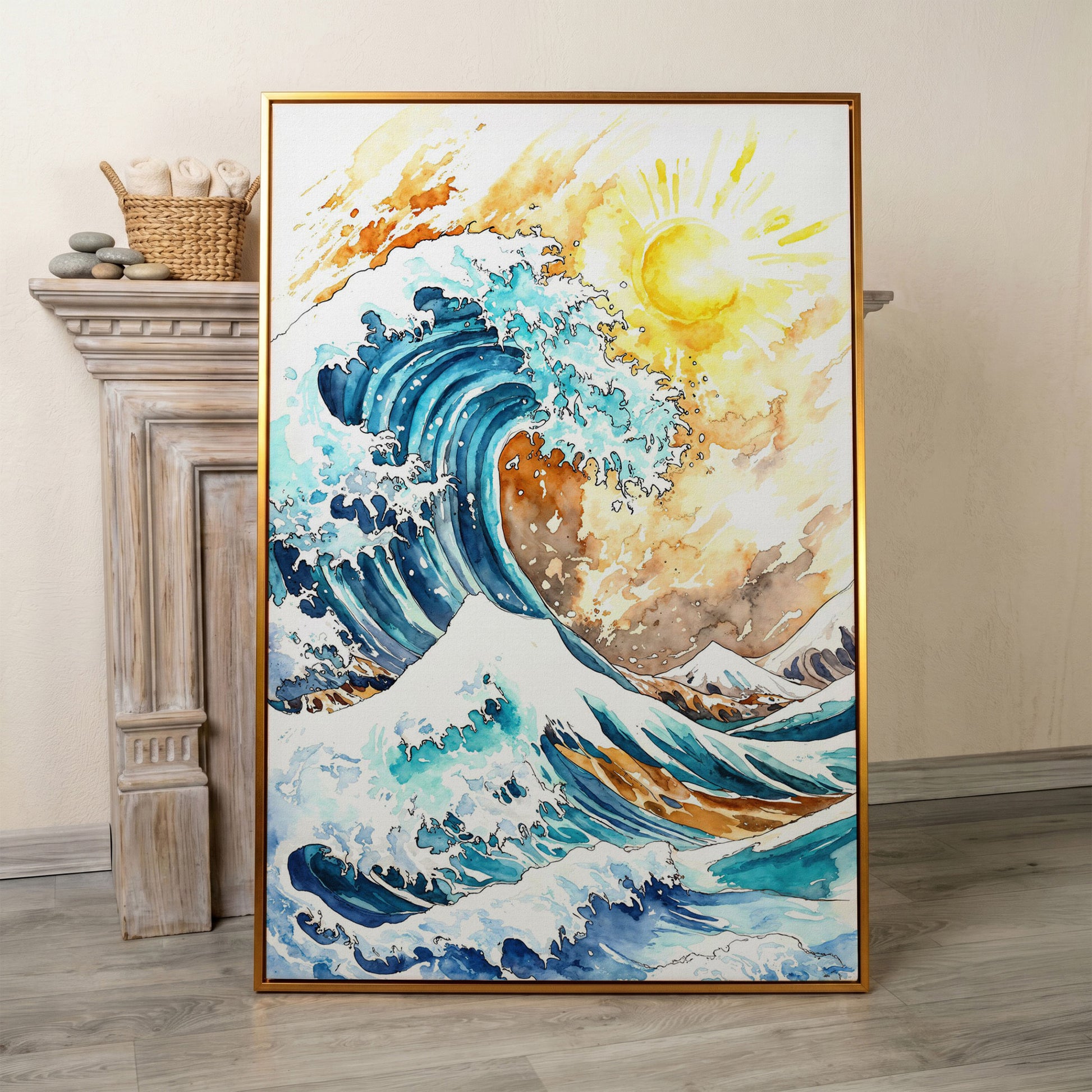 Ocean Wave Under Bright Sun Canvas Print, Watercolor Seascape in antique gold floating frame