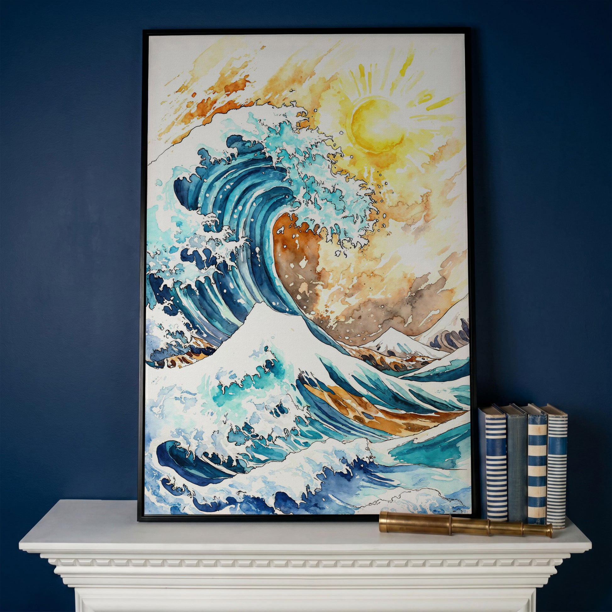 Ocean Wave Under Bright Sun Canvas Print, Watercolor Seascape in black floating frame
