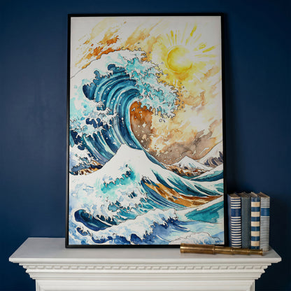 Ocean Wave Under Bright Sun Canvas Print, Watercolor Seascape in black floating frame