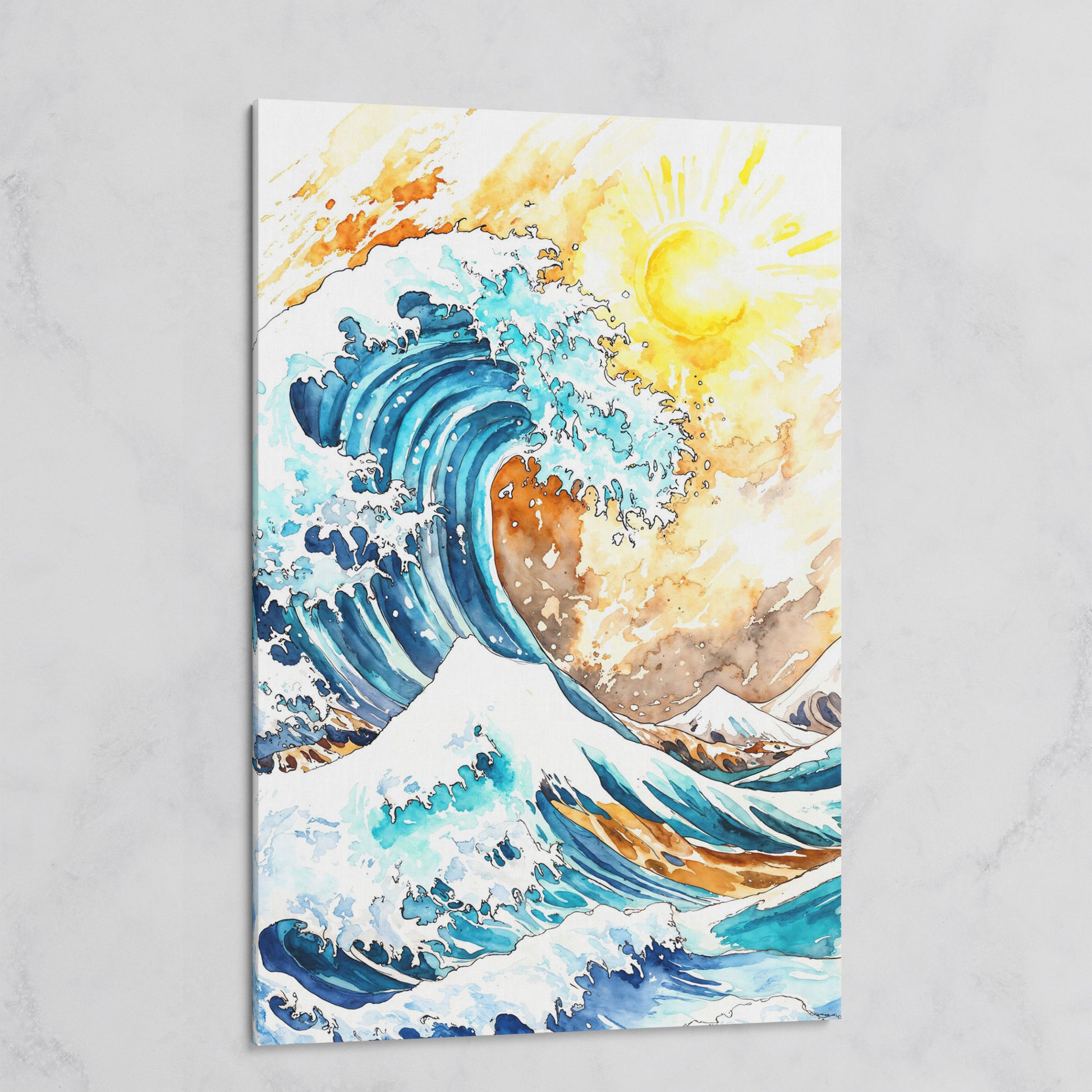 Ocean Wave Under Bright Sun Canvas Print, Watercolor Seascape on gallery wrap