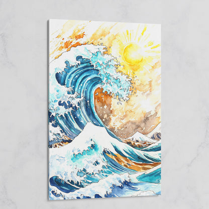 Ocean Wave Under Bright Sun Canvas Print, Watercolor Seascape on gallery wrap
